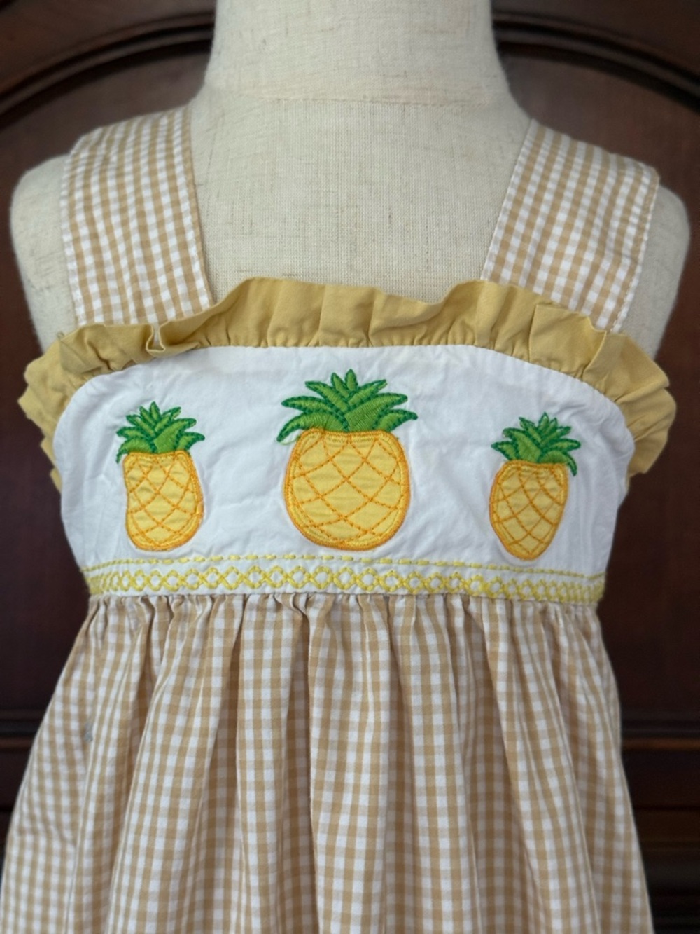 Lil Cactus Pineapple Gingham Dress 3T Girls Yellow Smocked Summer Sundress - Picture 3 of 6